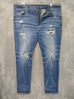 American Eagle Jeans Mens 40x32 Blue Denim Skinny Airflex Distressed Medium Wash